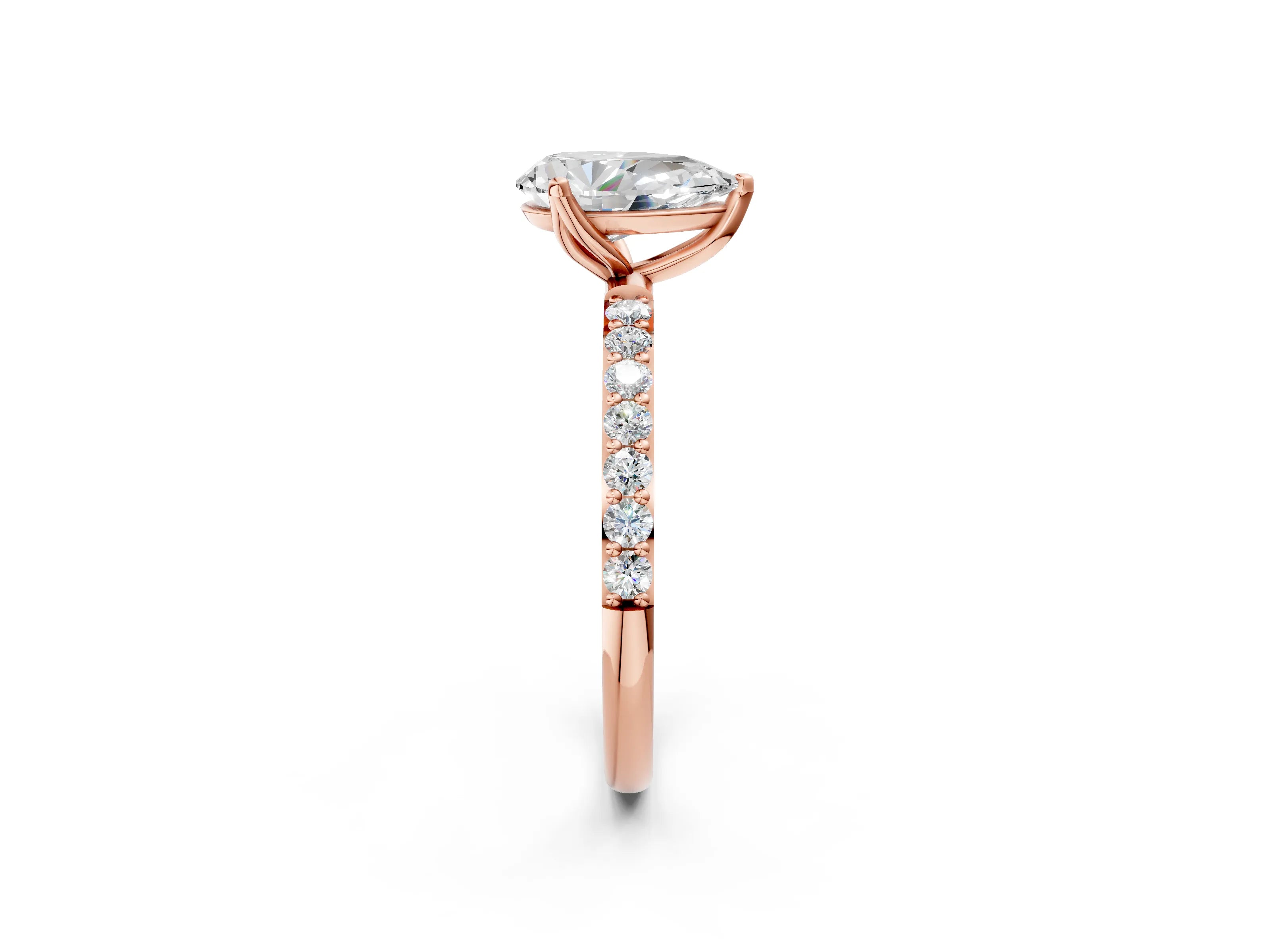 Rose gold Pear Cut Diamond Solitaire Engagement Ring with Round with Moissanite side stone Pavé Band and Prong Setting_2