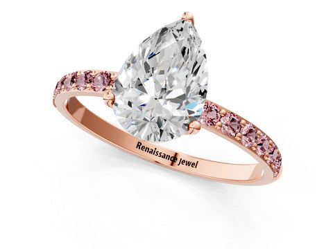 Rose gold Pear Cut Diamond Solitaire Engagement Ring with Round with Morganite side stone Pavé Band and Prong Setting_1