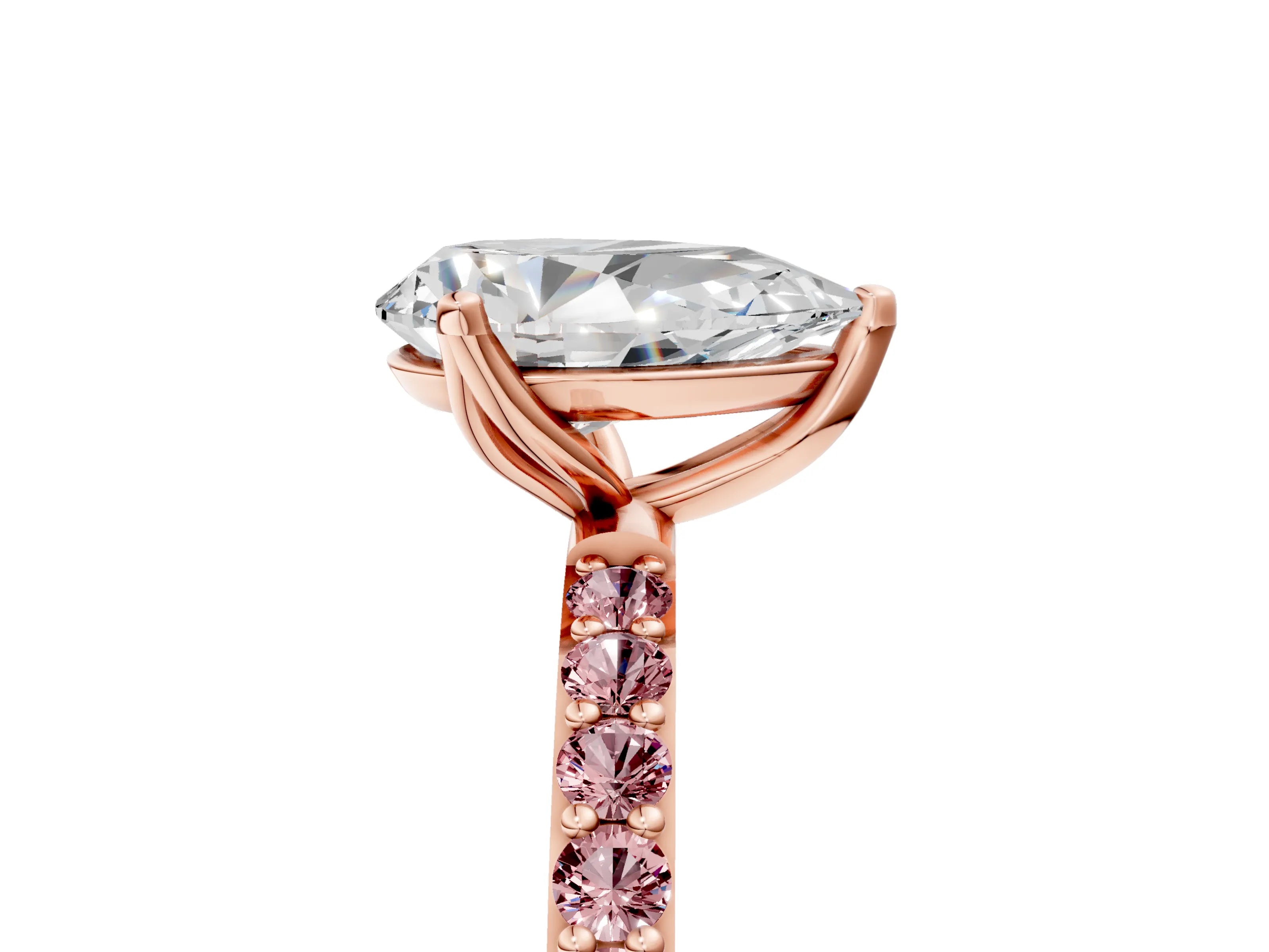 Rose gold Pear Cut Diamond Solitaire Engagement Ring with Round with Morganite side stone Pavé Band and Prong Setting_5