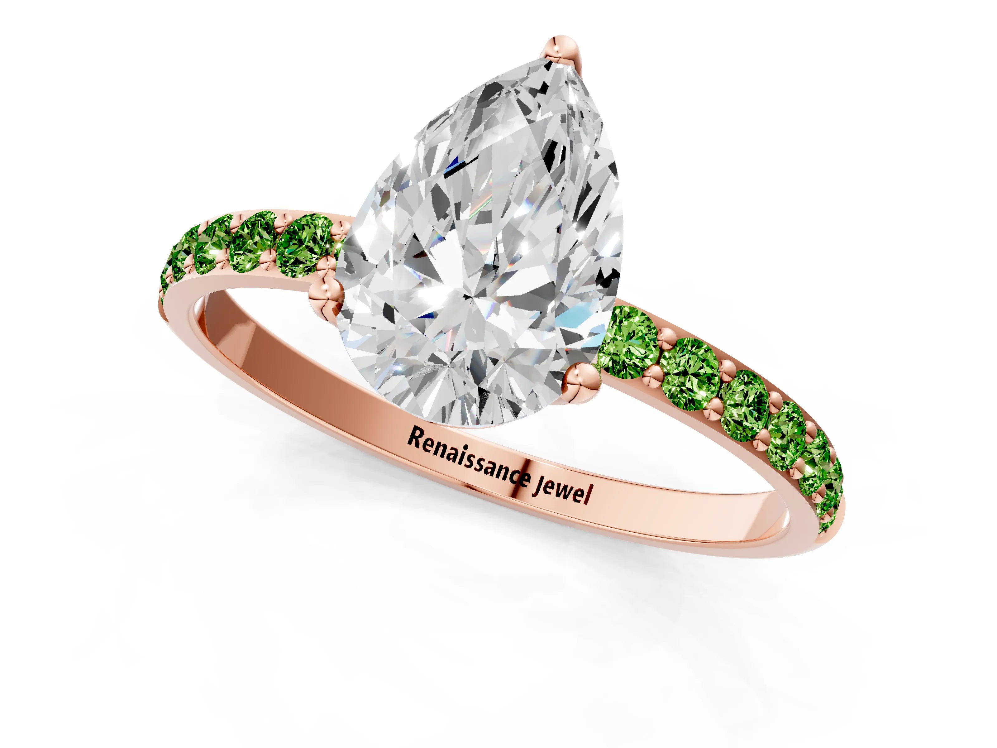 Rose gold Pear Cut Diamond Solitaire Engagement Ring with Round with Peridot side stone Pavé Band and Prong Setting_1