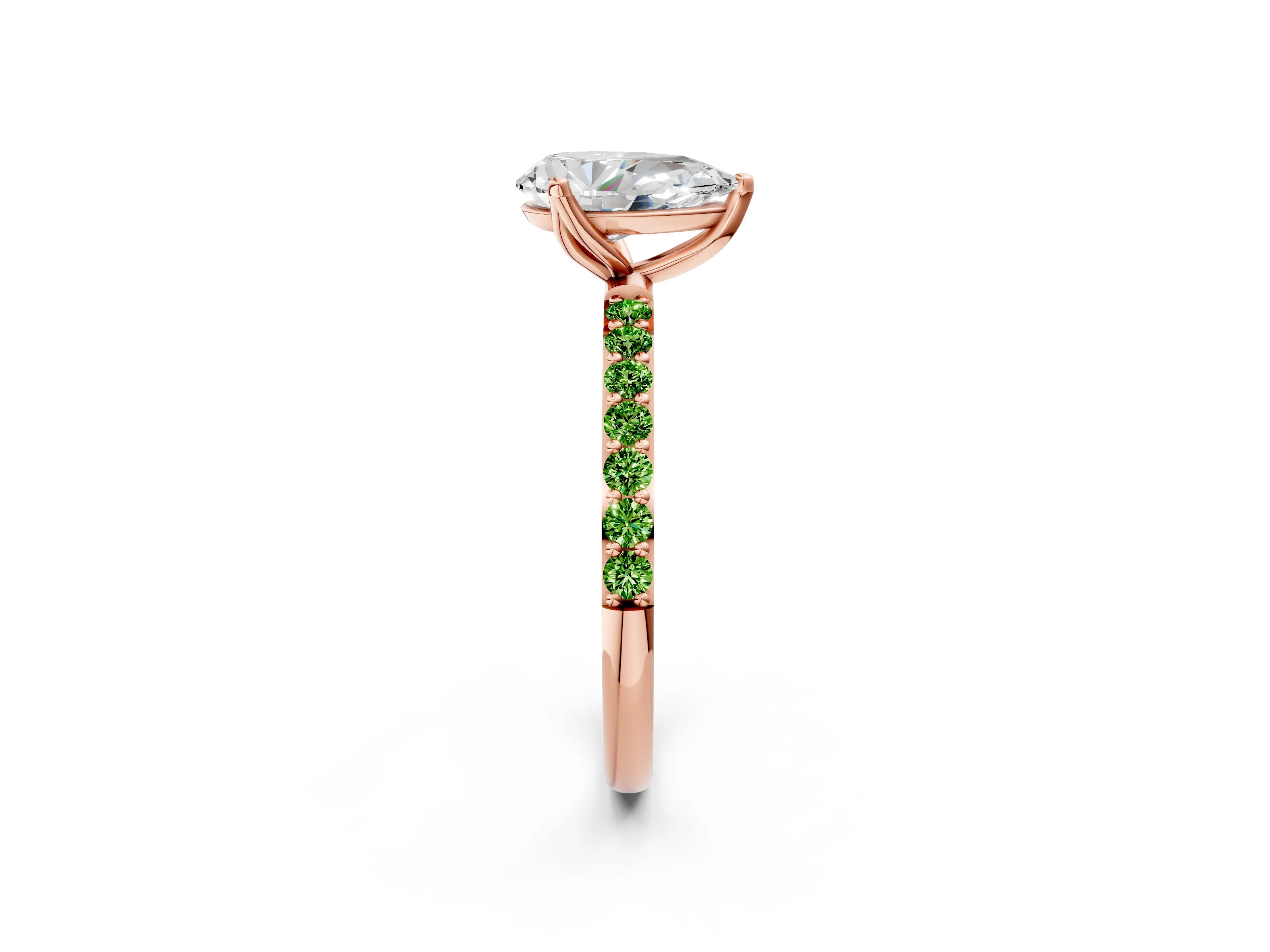 Rose gold Pear Cut Diamond Solitaire Engagement Ring with Round with Peridot side stone Pavé Band and Prong Setting_2