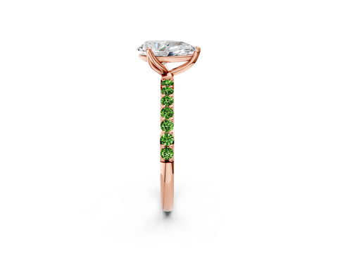 Rose gold Pear Cut Diamond Solitaire Engagement Ring with Round with Peridot side stone Pavé Band and Prong Setting_2
