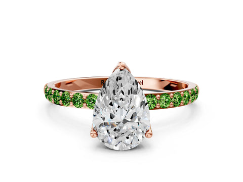 Rose gold Pear Cut Diamond Solitaire Engagement Ring with Round with Peridot side stone Pavé Band and Prong Setting
