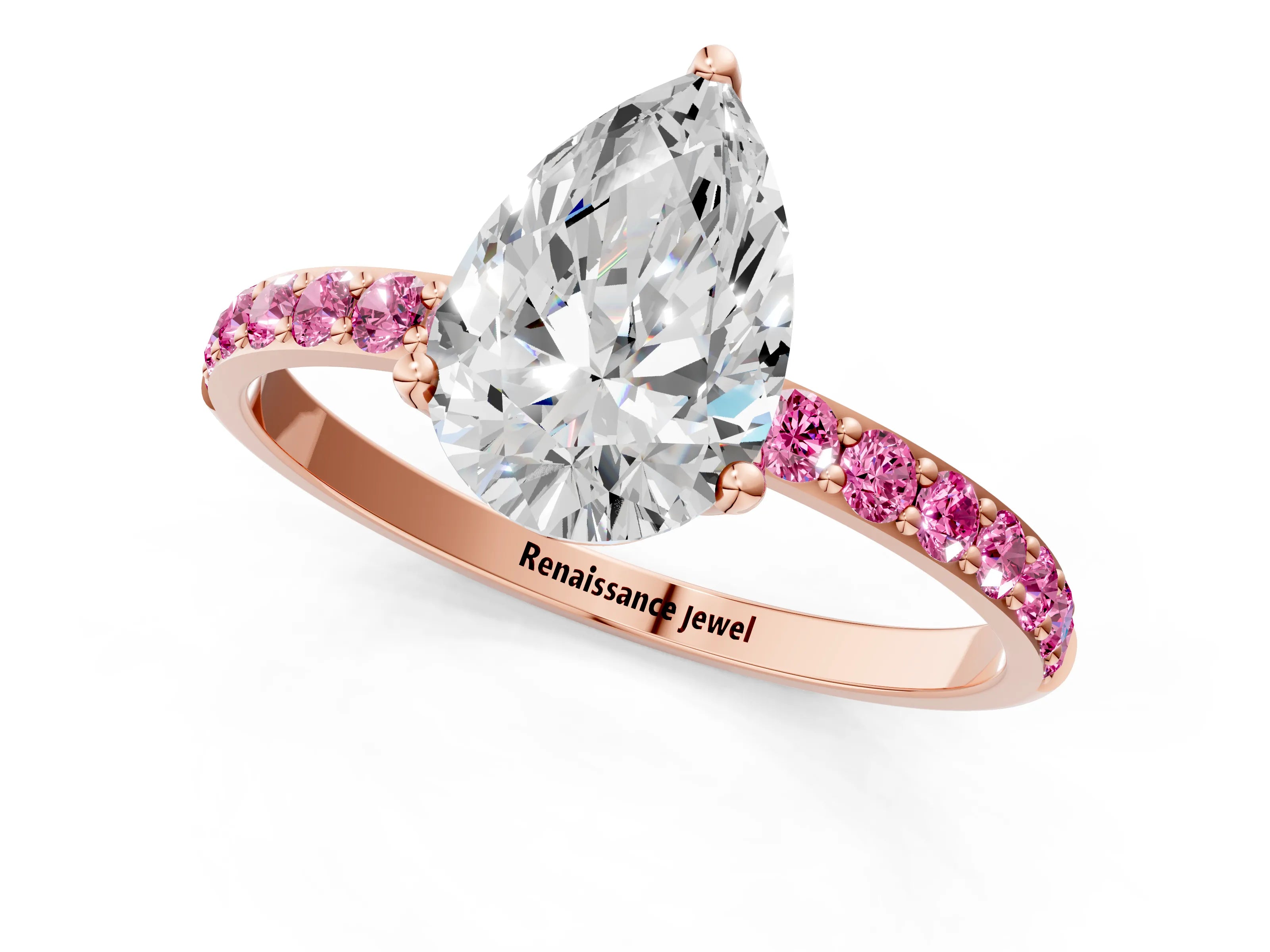 Rose gold Pear Cut Diamond Solitaire Engagement Ring with Round with Pink Sapphire side stone Pavé Band and Prong Setting_1
