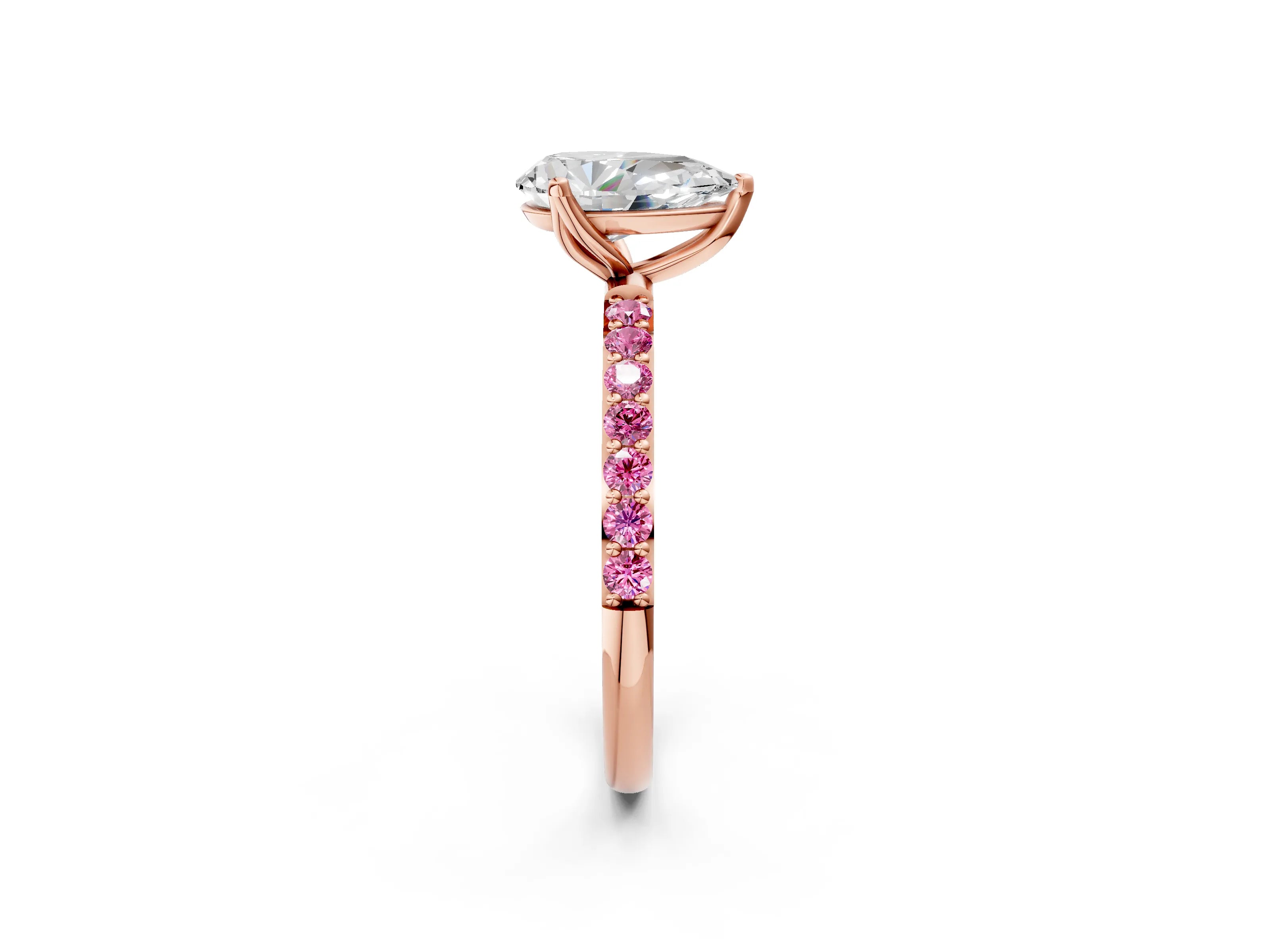 Rose gold Pear Cut Diamond Solitaire Engagement Ring with Round with Pink Sapphire side stone Pavé Band and Prong Setting_2