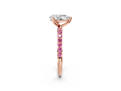 Rose gold Pear Cut Diamond Solitaire Engagement Ring with Round with Pink Sapphire side stone Pavé Band and Prong Setting_2