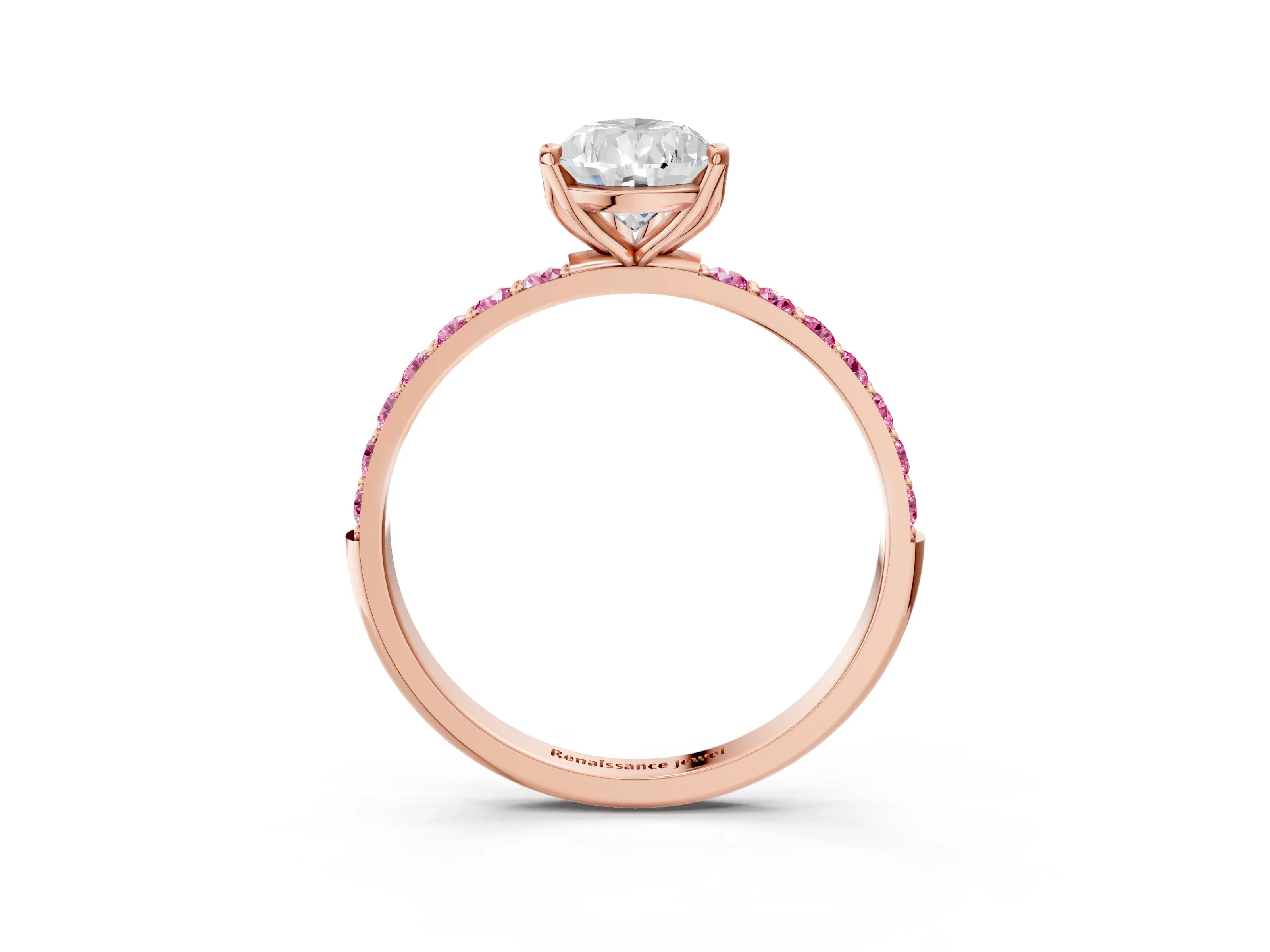 Rose gold Pear Cut Diamond Solitaire Engagement Ring with Round with Pink Sapphire side stone Pavé Band and Prong Setting_3