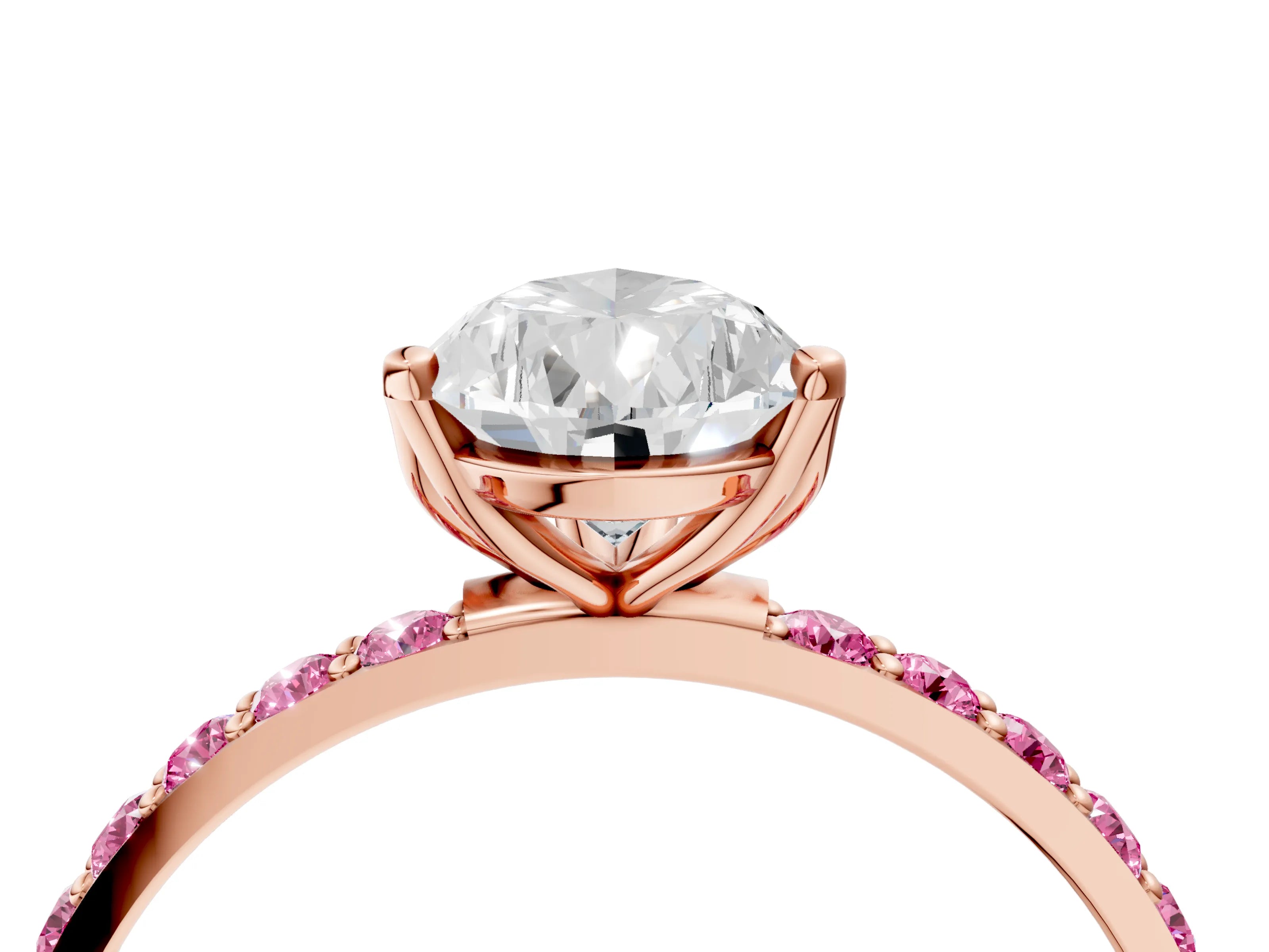 Rose gold Pear Cut Diamond Solitaire Engagement Ring with Round with Pink Sapphire side stone Pavé Band and Prong Setting_4