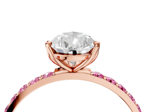 Rose gold Pear Cut Diamond Solitaire Engagement Ring with Round with Pink Sapphire side stone Pavé Band and Prong Setting_4