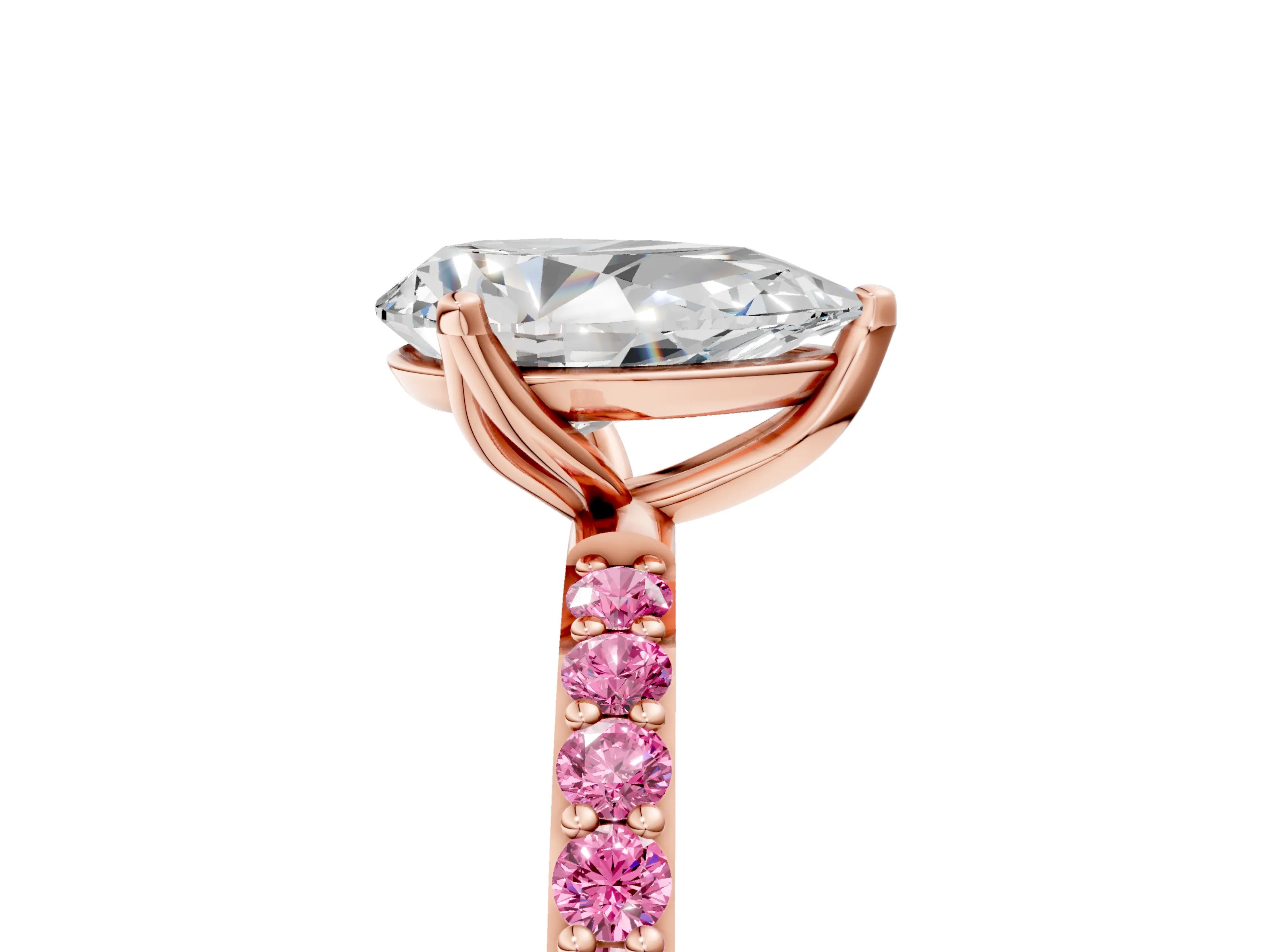 Rose gold Pear Cut Diamond Solitaire Engagement Ring with Round with Pink Sapphire side stone Pavé Band and Prong Setting_5