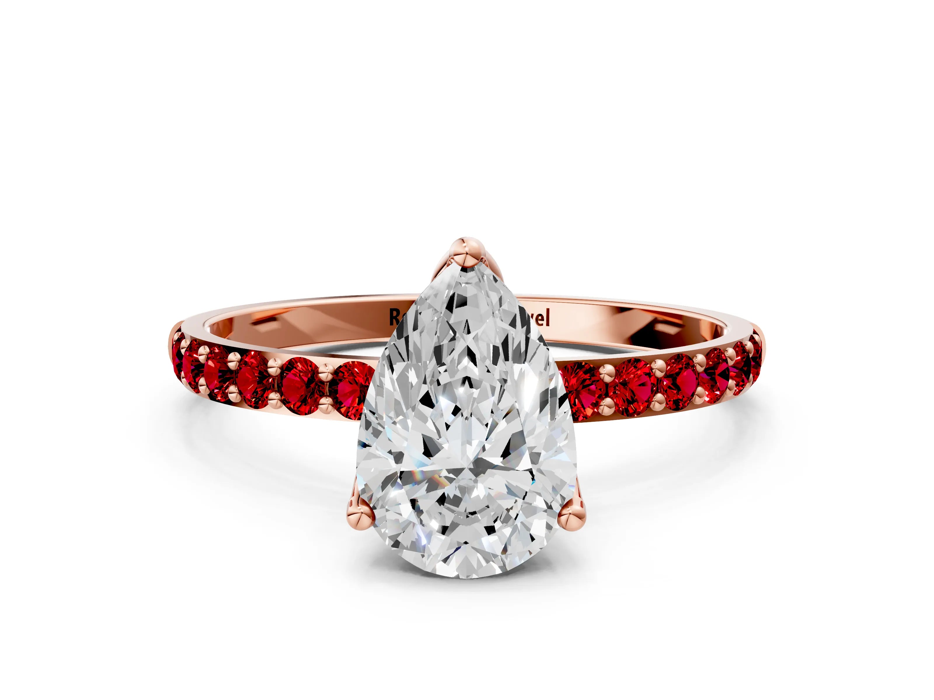 Rose gold Pear Cut Diamond Solitaire Engagement Ring with Round with Ruby side stone Pavé Band and Prong Setting