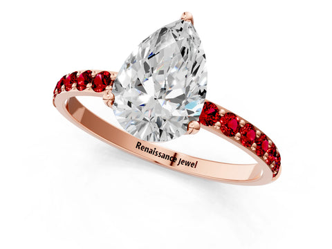 Rose gold Pear Cut Diamond Solitaire Engagement Ring with Round with Ruby side stone Pavé Band and Prong Setting_1