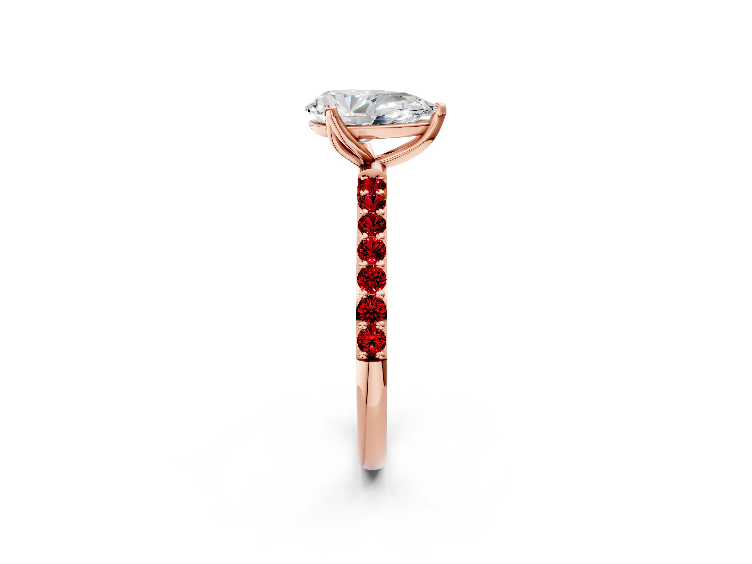 Rose gold Pear Cut Diamond Solitaire Engagement Ring with Round with Ruby side stone Pavé Band and Prong Setting_2