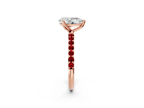 Rose gold Pear Cut Diamond Solitaire Engagement Ring with Round with Ruby side stone Pavé Band and Prong Setting_2