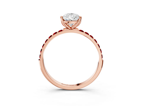 Rose gold Pear Cut Diamond Solitaire Engagement Ring with Round with Ruby side stone Pavé Band and Prong Setting_3