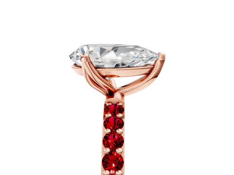 Rose gold Pear Cut Diamond Solitaire Engagement Ring with Round with Ruby side stone Pavé Band and Prong Setting_5