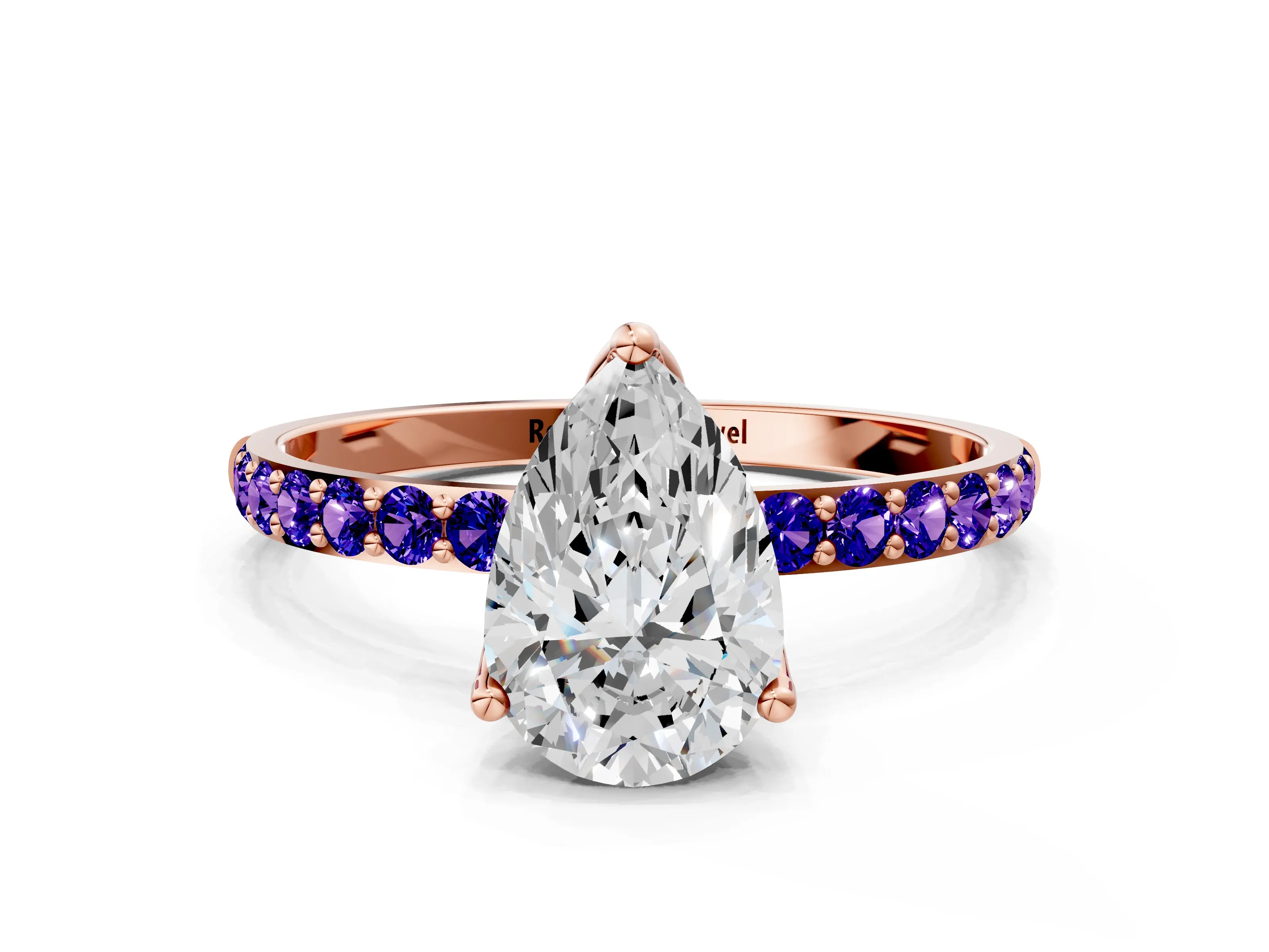 Rose gold Pear Cut Diamond Solitaire Engagement Ring with Round with Tanzanite side stone Pavé Band and Prong Setting