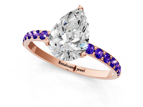 Rose gold Pear Cut Diamond Solitaire Engagement Ring with Round with Tanzanite side stone Pavé Band and Prong Setting_1
