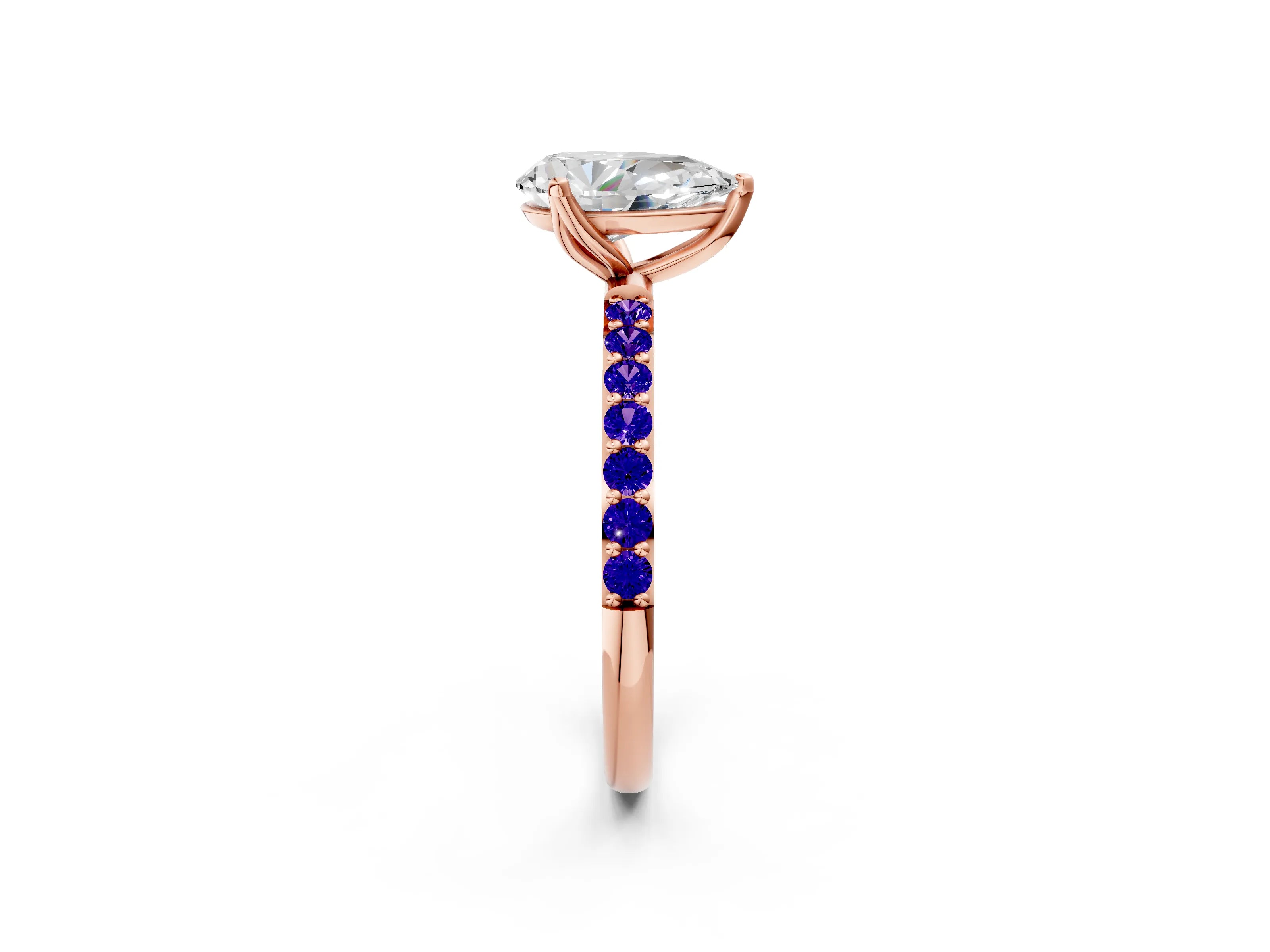Rose gold Pear Cut Diamond Solitaire Engagement Ring with Round with Tanzanite side stone Pavé Band and Prong Setting_2