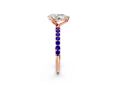 Rose gold Pear Cut Diamond Solitaire Engagement Ring with Round with Tanzanite side stone Pavé Band and Prong Setting_2