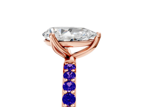 Rose gold Pear Cut Diamond Solitaire Engagement Ring with Round with Tanzanite side stone Pavé Band and Prong Setting_5