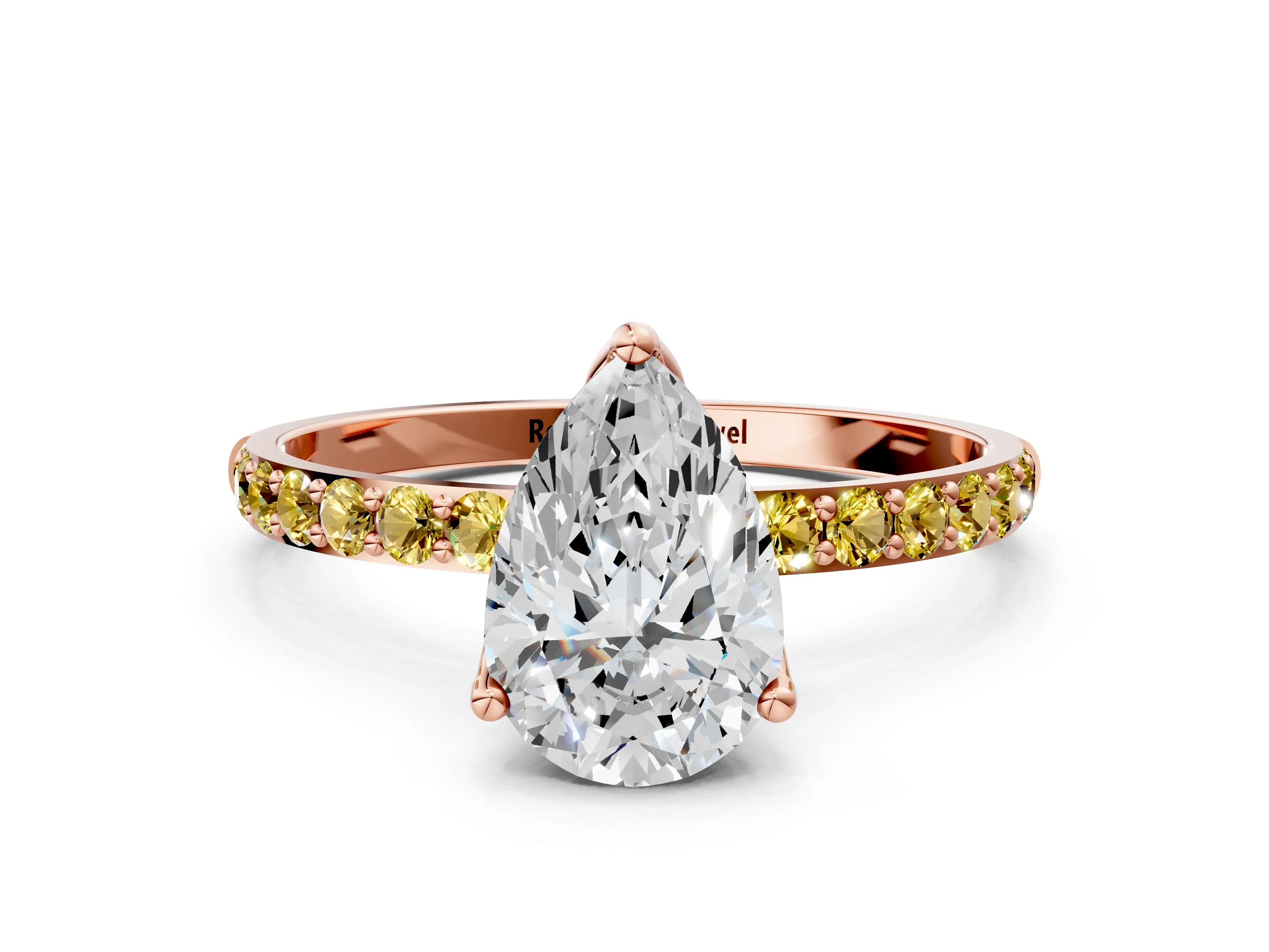 Rose gold Pear Cut Diamond Solitaire Engagement Ring with Round with Yellow Sapphire side stone Pavé Band and Prong Setting