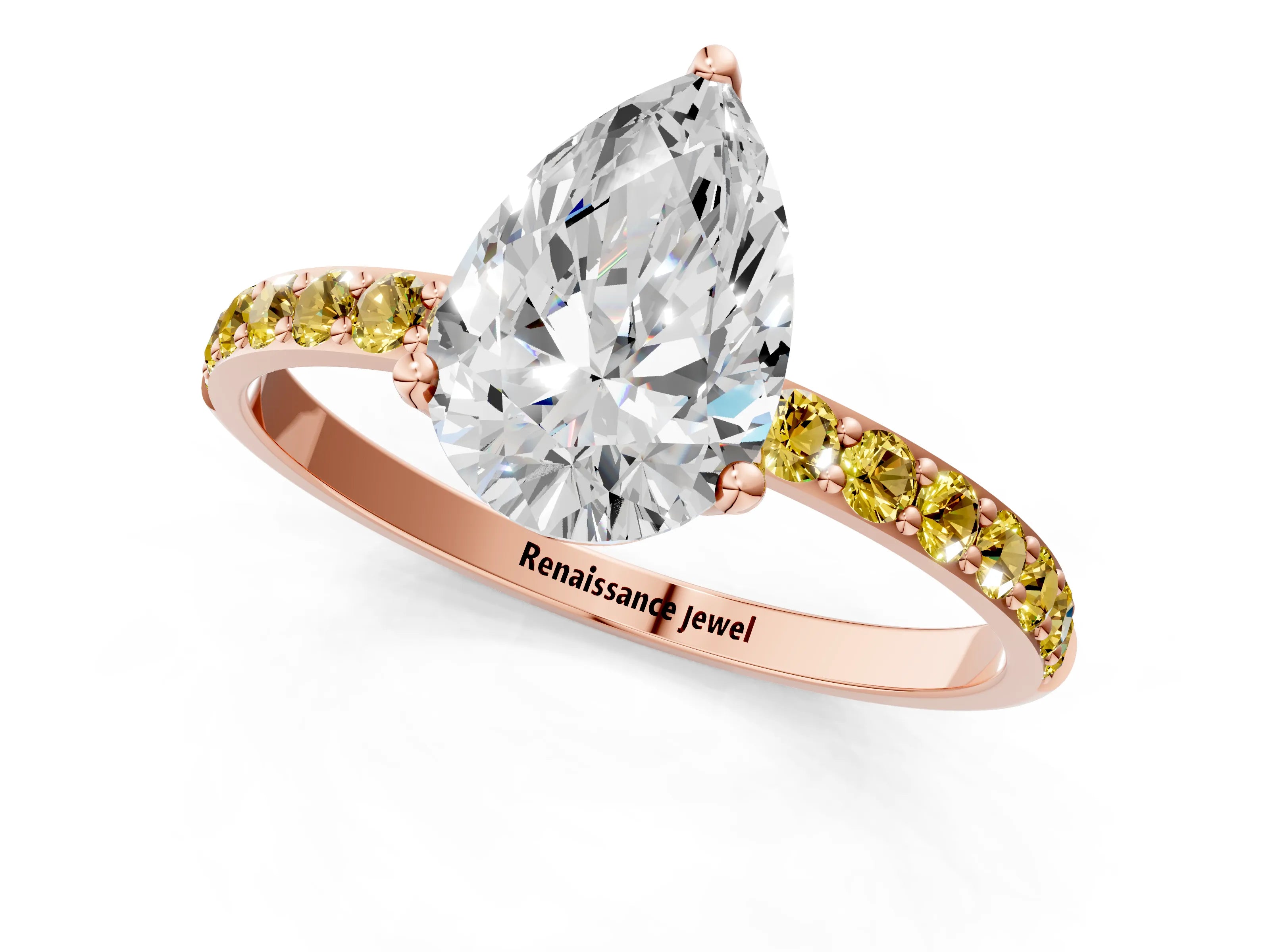 Rose gold Pear Cut Diamond Solitaire Engagement Ring with Round with Yellow Sapphire side stone Pavé Band and Prong Setting_1