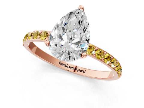 Rose gold Pear Cut Diamond Solitaire Engagement Ring with Round with Yellow Sapphire side stone Pavé Band and Prong Setting_1