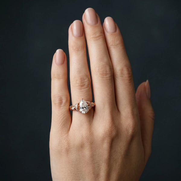Rose gold Pear Cut Diamond Solitaire Ring with Filigree Band and Four-Prong Setting