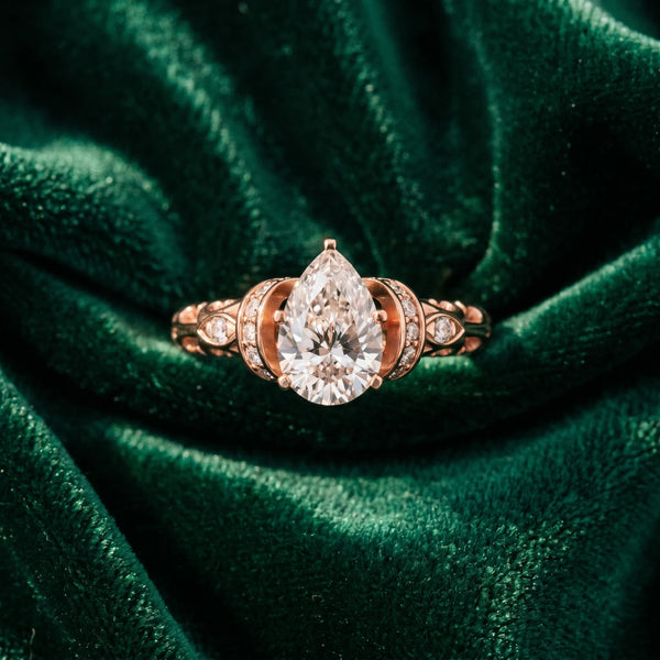 Rose gold Pear Cut Diamond Solitaire Ring with Filigree Band and Four-Prong Setting
