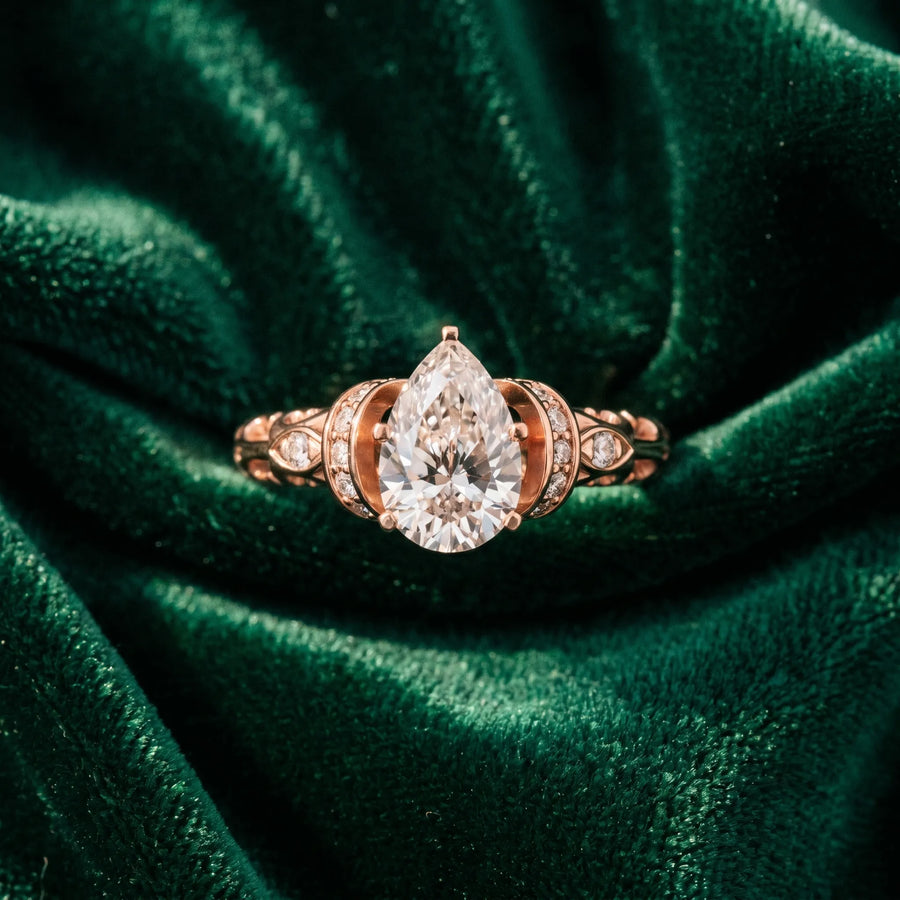 Rose gold Pear Cut Diamond Solitaire Ring with Filigree Band and Four-Prong Setting