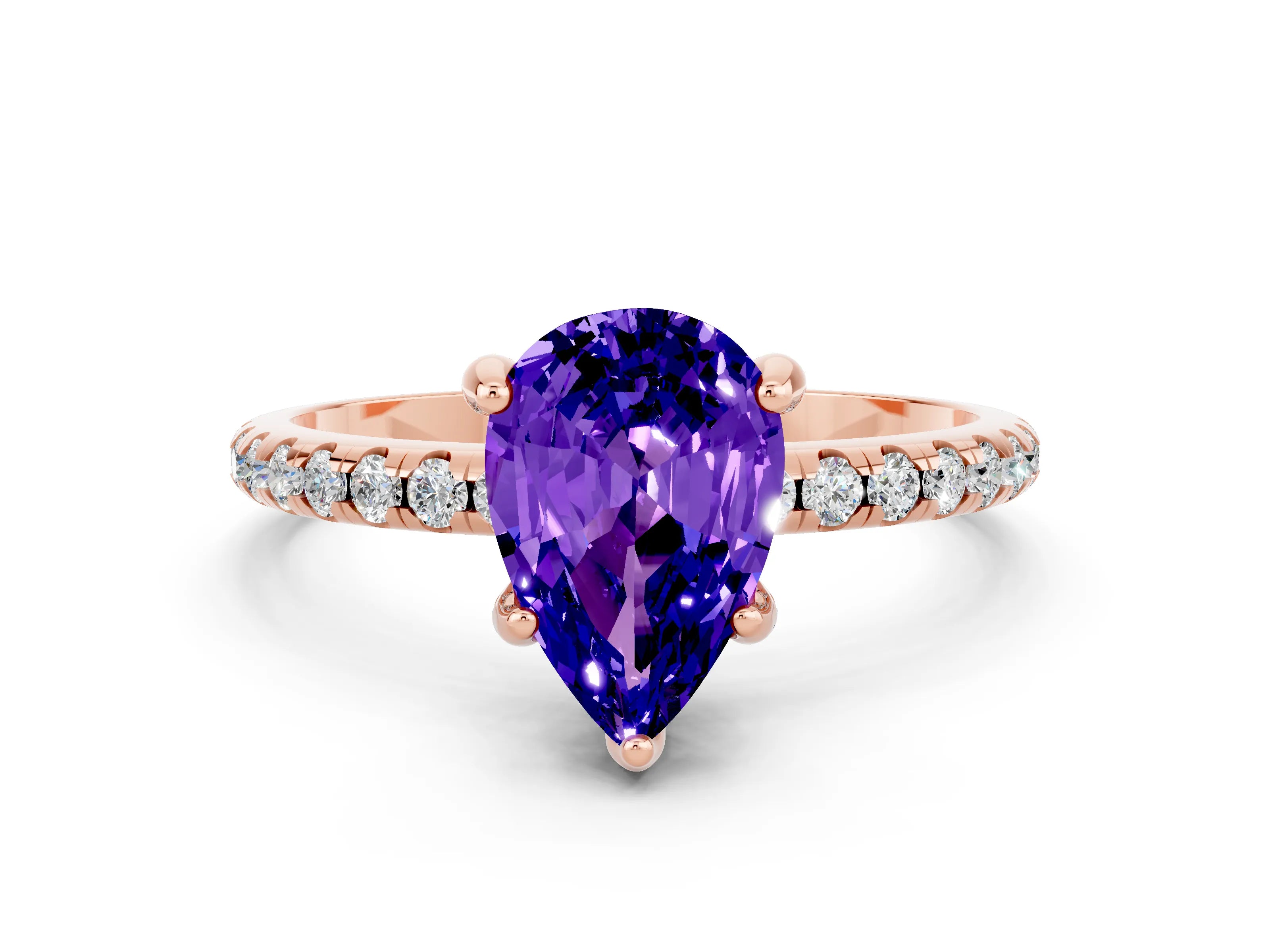 Rose gold Pear Cut Diamond Solitaire Ring with Four-Prong Setting and Pavé Band_12