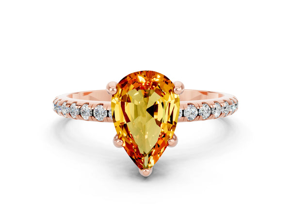 Rose gold Pear Cut Citrine Hidden Halo Engagement Ring with Round Pavé Band and Prong Setting
