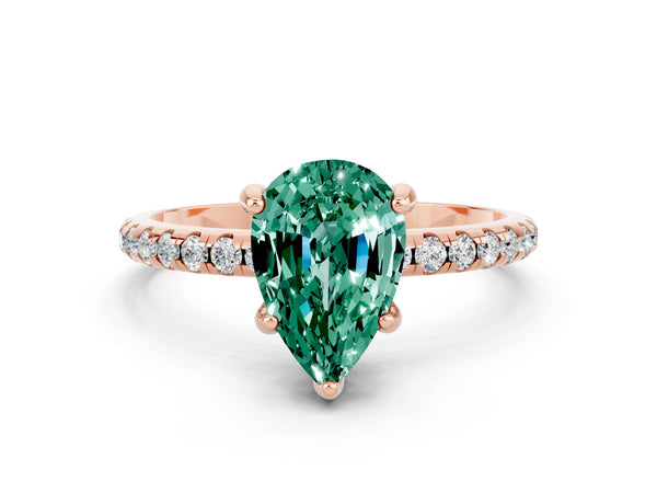 Rose gold Pear Cut Green Sapphire Hidden Halo Engagement Ring with Round Pavé Band and Prong Setting