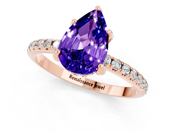 Rose gold Pear Cut Tanzanite Hidden Halo Engagement Ring with Round Pavé Band and Prong Setting