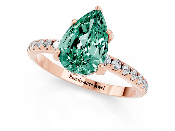 Rose gold Pear Cut Green Sapphire Hidden Halo Engagement Ring with Round Pavé Band and Prong Setting
