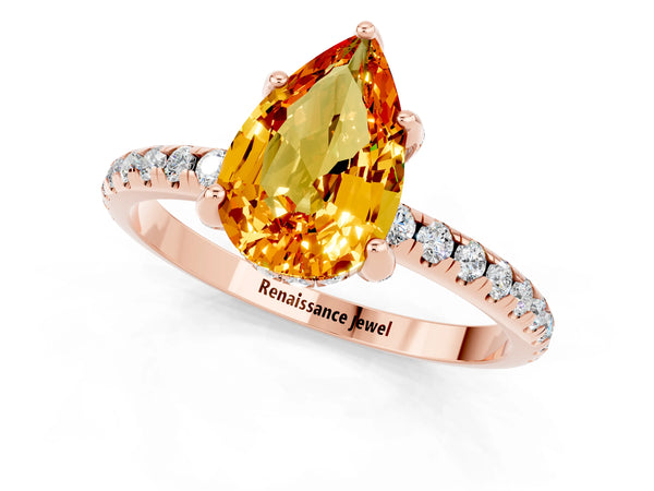Rose gold Pear Cut Citrine Hidden Halo Engagement Ring with Round Pavé Band and Prong Setting