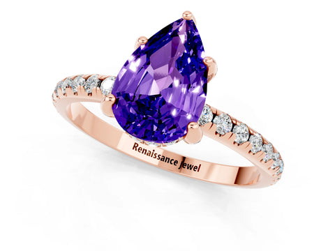 Rose gold Pear Cut Diamond Solitaire Ring with Four-Prong Setting and Pavé Band_13
