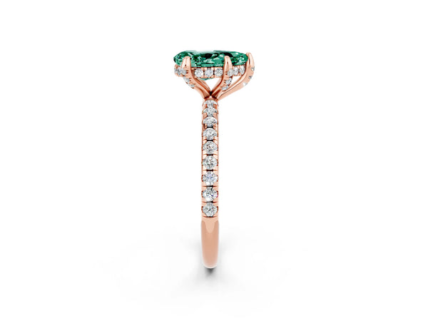 Rose gold Pear Cut Green Sapphire Hidden Halo Engagement Ring with Round Pavé Band and Prong Setting