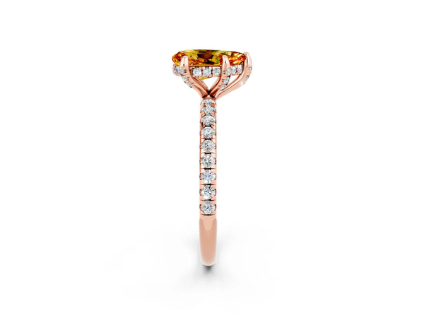 Rose gold Pear Cut Citrine Hidden Halo Engagement Ring with Round Pavé Band and Prong Setting