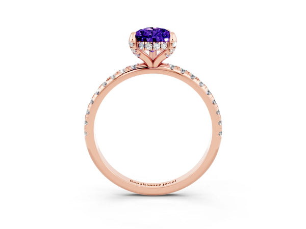 Rose gold Pear Cut Tanzanite Hidden Halo Engagement Ring with Round Pavé Band and Prong Setting