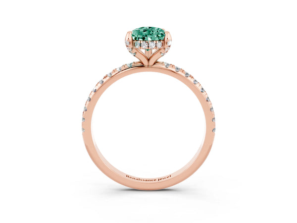 Rose gold Pear Cut Green Sapphire Hidden Halo Engagement Ring with Round Pavé Band and Prong Setting