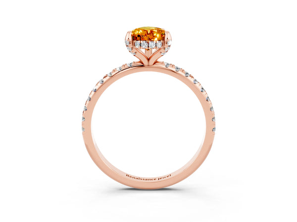 Rose gold Pear Cut Citrine Hidden Halo Engagement Ring with Round Pavé Band and Prong Setting