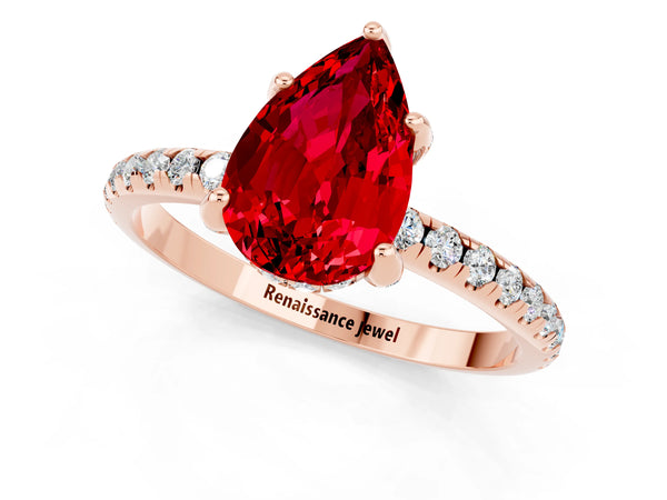 Rose gold Pear Cut Diamond Solitaire Ring with Four-Prong Setting and Pavé Band