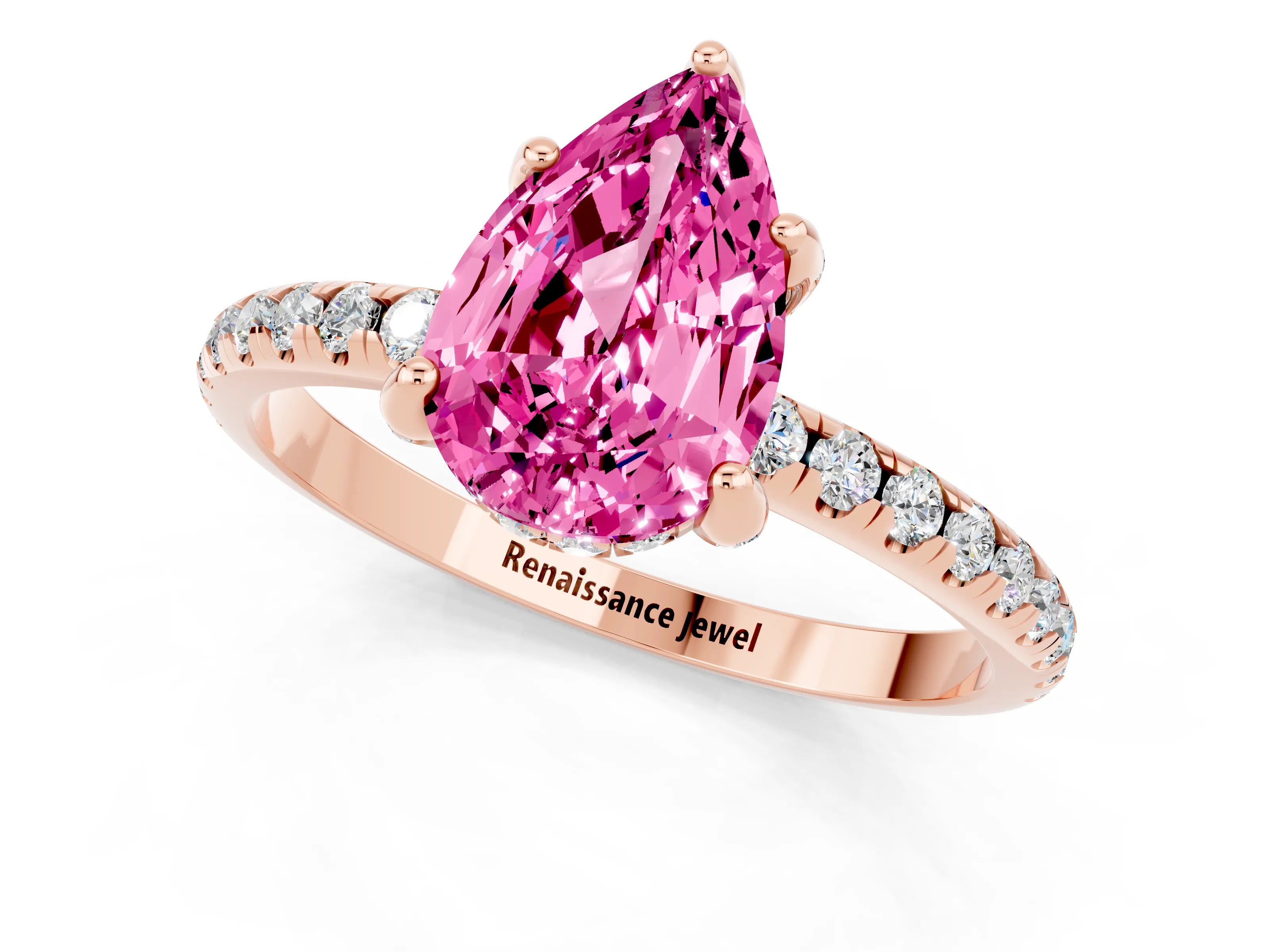 Rose gold Pear Cut Diamond Solitaire Ring with Four-Prong Setting and Pavé Band_1