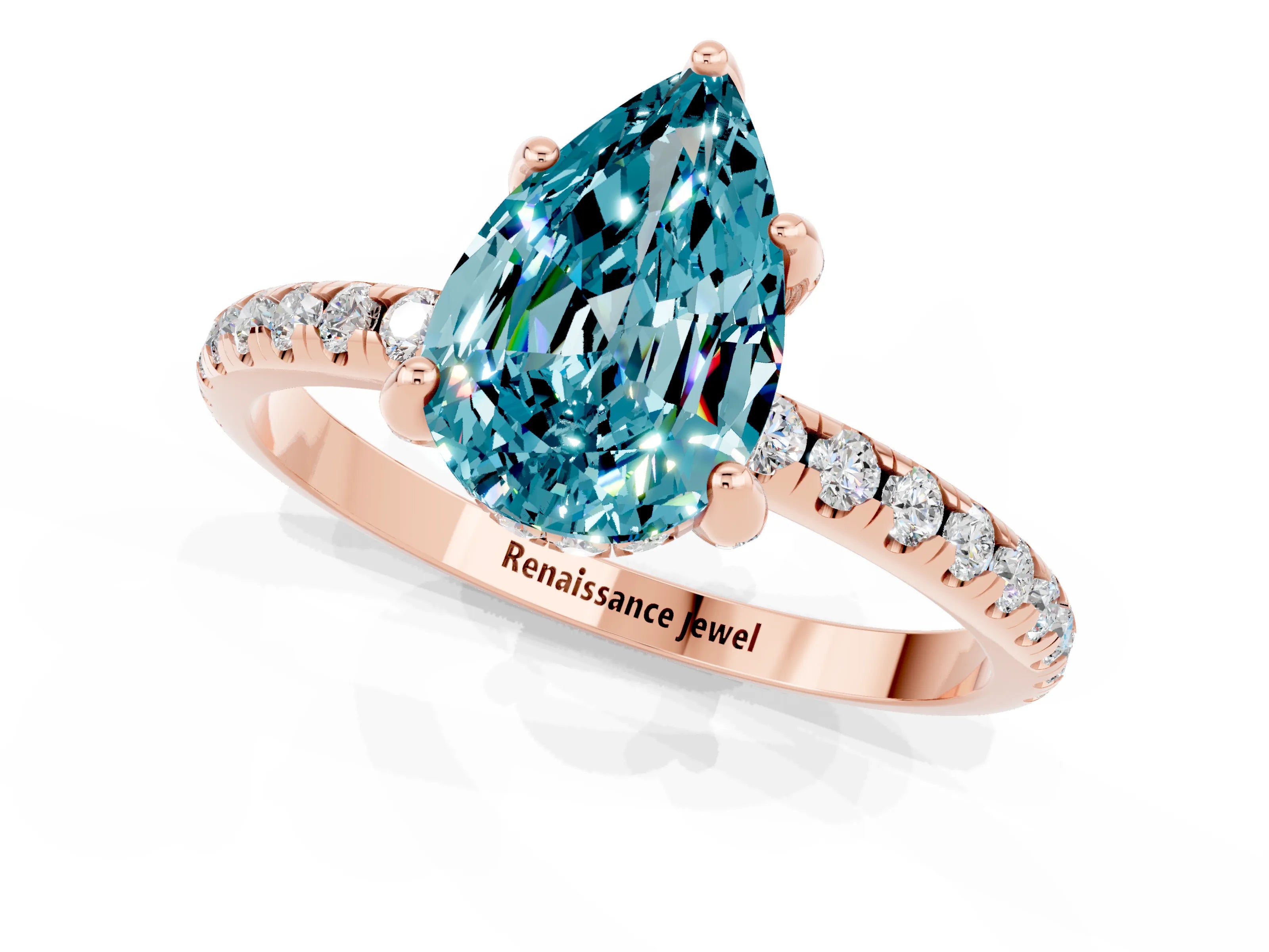 Rose gold Pear Cut Diamond Solitaire Ring with Four-Prong Setting and Pavé Band_1