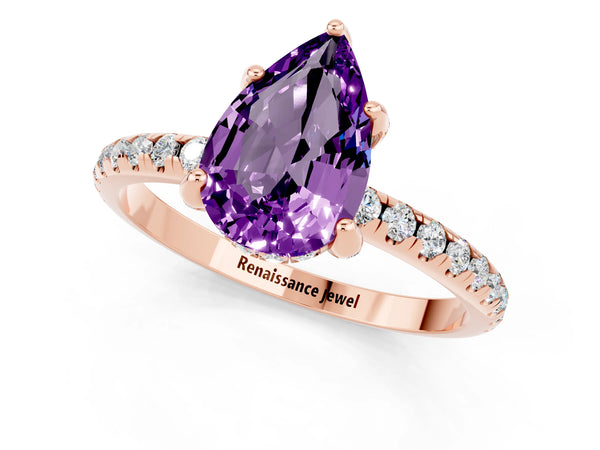 Rose gold Pear Cut Amethyst Hidden Halo Engagement Ring with Round Pavé Band and Prong Setting