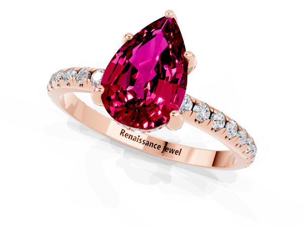 Rose gold Pear Cut Garnet Hidden Halo Engagement Ring with Round Pavé Band and Prong Setting