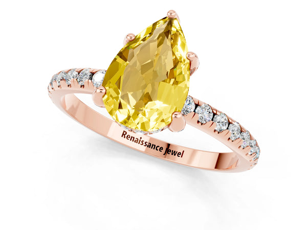 Rose gold Pear Cut Yellow Sapphire Hidden Halo Engagement Ring with Round Pavé Band and Prong Setting