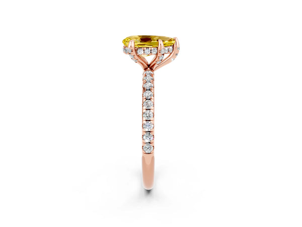 Rose gold Pear Cut Yellow Sapphire Hidden Halo Engagement Ring with Round Pavé Band and Prong Setting